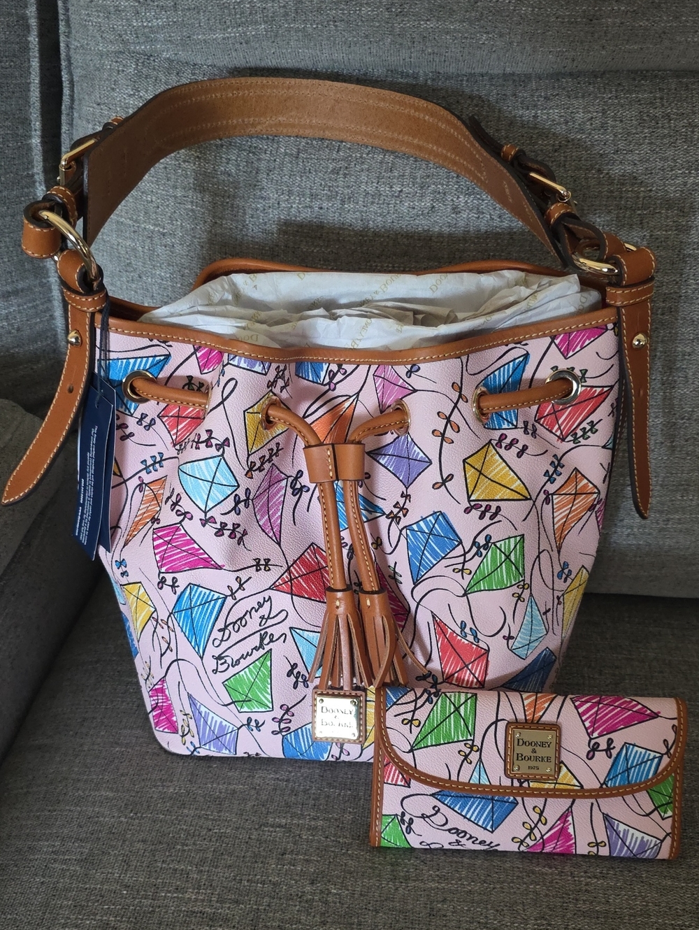 Dooney & Bourke Pink Multicolor Kite-Print Drawstring Bucket Bag with Wallet